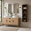 Linen Cabinet with Freestanding vanity in white oak finish. Modern bathroom design.