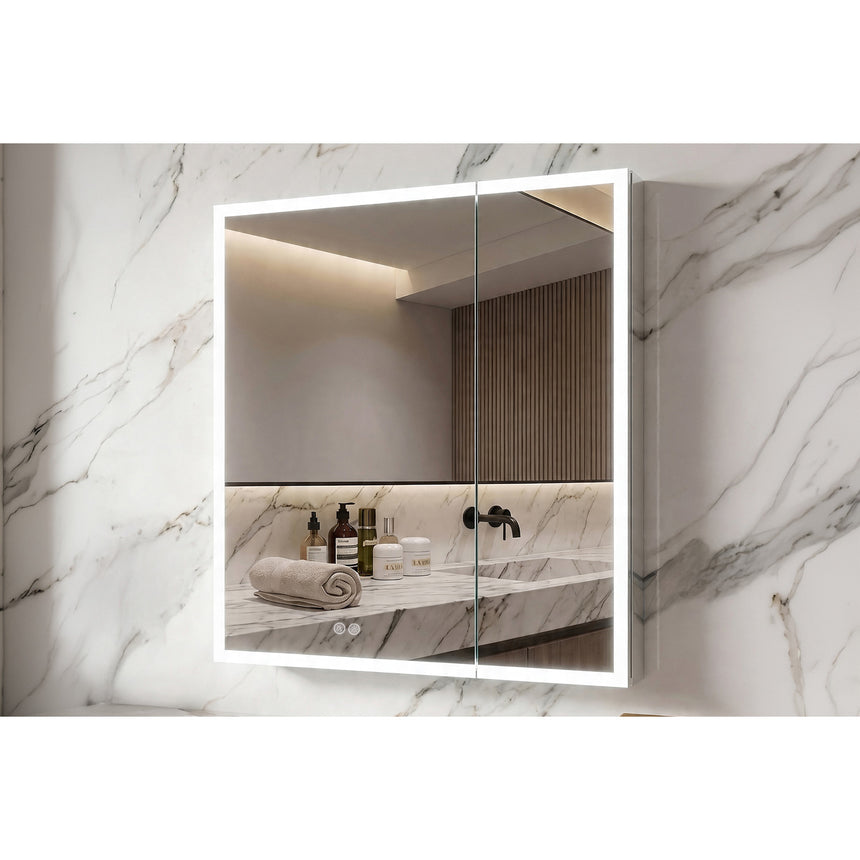 Bathroom mirror with LED lighting on a concrete wall.