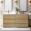 Bathroom vanity with two sinks, mirrors, and decorative elements. Monterey Modern Vanity in White Oak Finish.