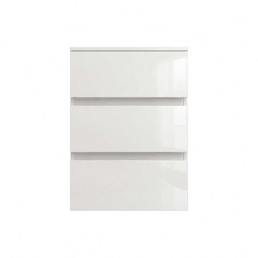 A beige Monterey Side Cabinet with three drawers, European soft-closing hardware, and a matte finish.