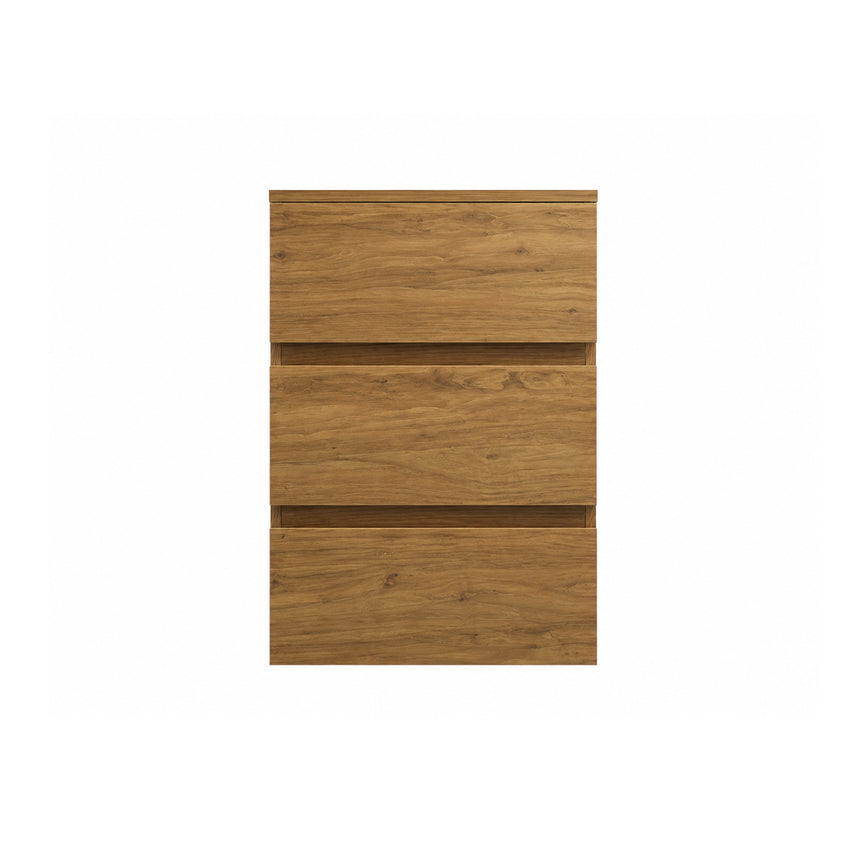 A beige Monterey Side Cabinet with three drawers, European soft-closing hardware, and a matte finish.