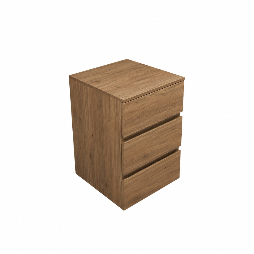 A beige Monterey Side Cabinet with three drawers, European soft-closing hardware, and a matte finish.