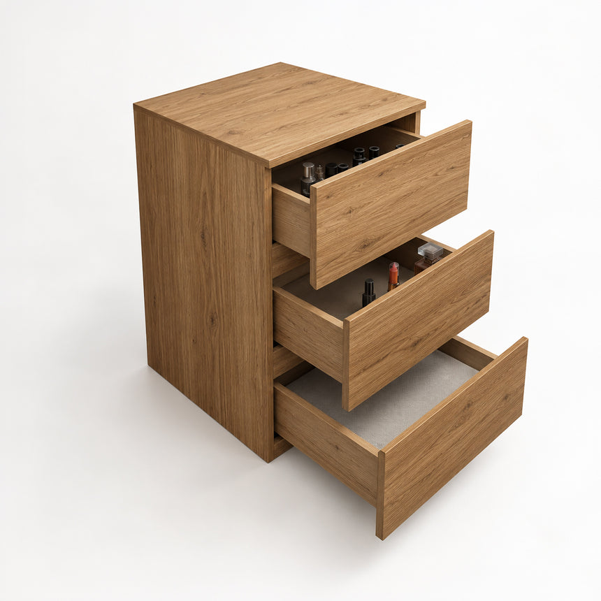 A beige Monterey Side Cabinet with three drawers, European soft-closing hardware, and a matte finish.