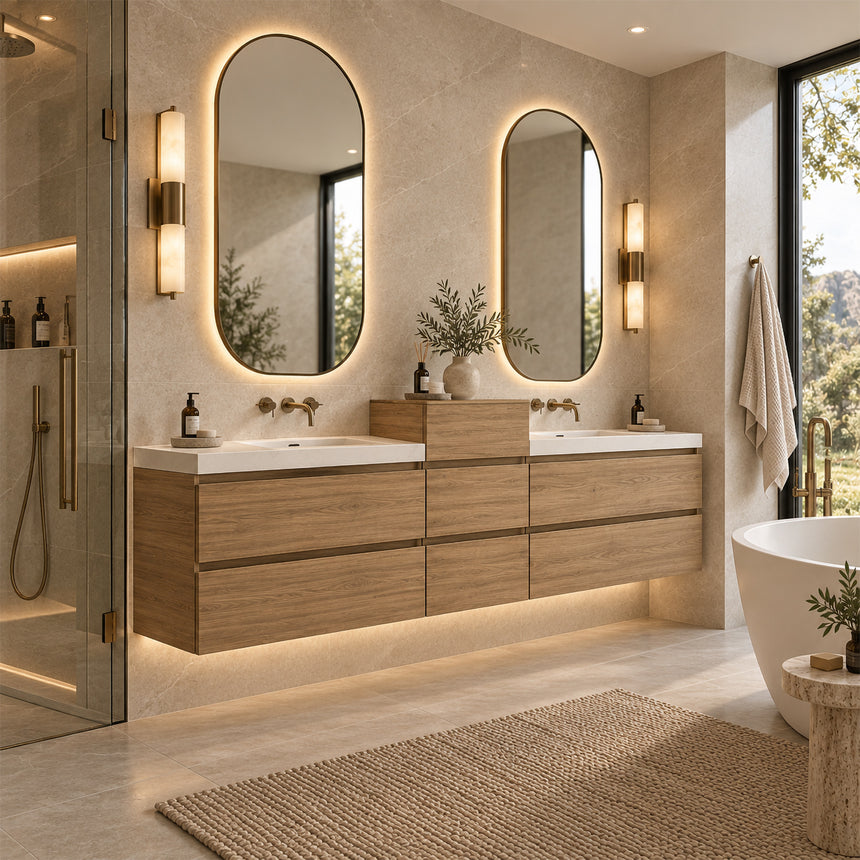 A beige Monterey Side Cabinet with three drawers, European soft-closing hardware, and a matte finish.