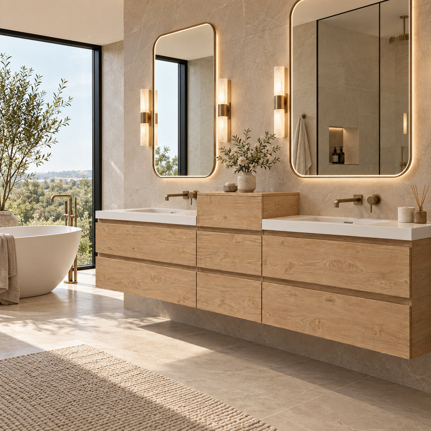 A beige Monterey Side Cabinet with three drawers, European soft-closing hardware, and a matte finish.