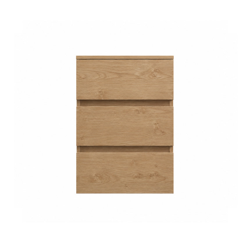 A beige Monterey Side Cabinet with three drawers, European soft-closing hardware, and a matte finish.