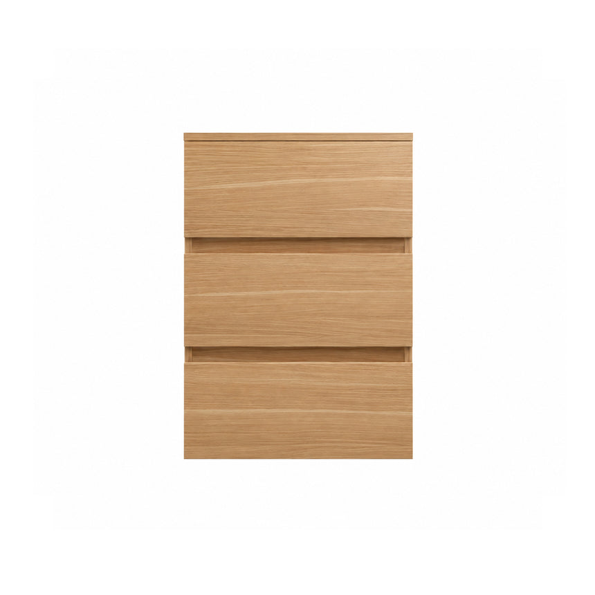 A beige Monterey Side Cabinet with three drawers, European soft-closing hardware, and a matte finish.