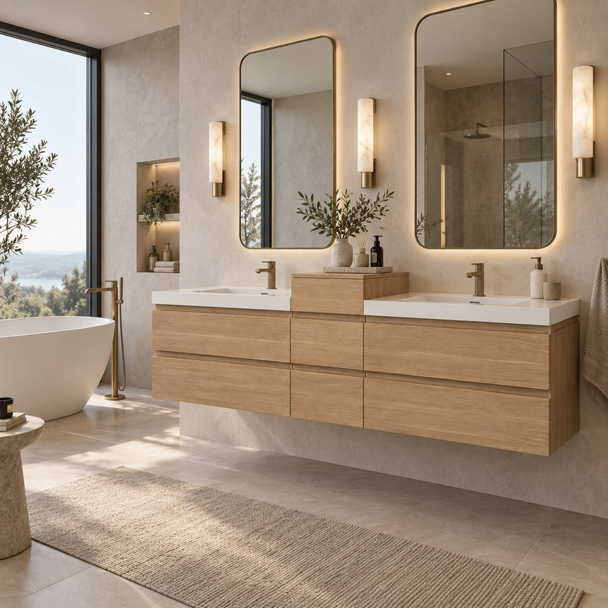 A beige Monterey Side Cabinet with three drawers, European soft-closing hardware, and a matte finish.