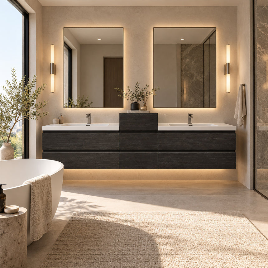 A modern floating double-sink bathroom vanity in light wood with white countertops and integrated mirrors, shown in a bright contemporary bathroom setting.
