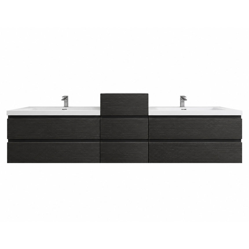 A modern floating double-sink bathroom vanity in light wood with white countertops and integrated mirrors, shown in a bright contemporary bathroom setting.