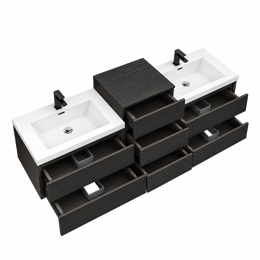 A modern floating double-sink bathroom vanity in light wood with white countertops and integrated mirrors, shown in a bright contemporary bathroom setting.