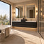 Modern bathroom vanity with two white sinks, a floating dark wood double cabinet, two large rectangular mirrors with warm LED lighting, and a large window overlooking a garden. A freestanding white bathtub and textured rug are visible in the foreground.