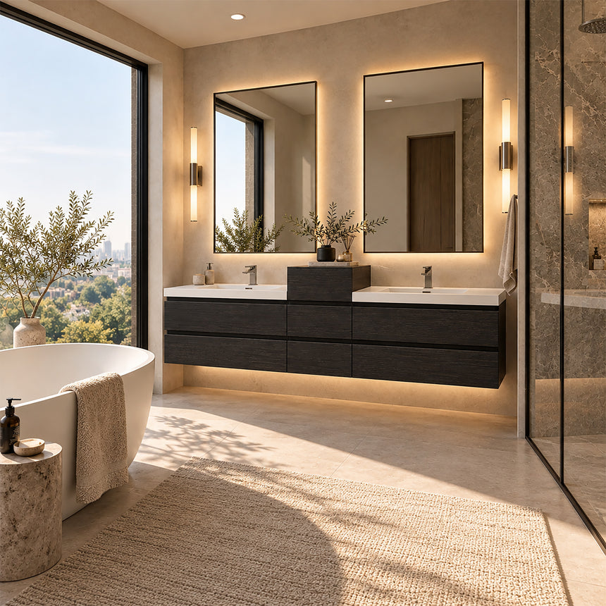 A modern floating double-sink bathroom vanity in light wood with white countertops and integrated mirrors, shown in a bright contemporary bathroom setting.