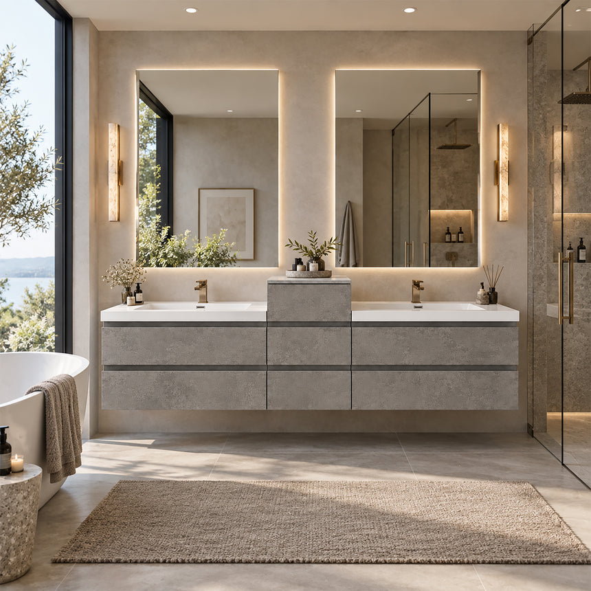 A modern floating double-sink bathroom vanity in light wood with white countertops and integrated mirrors, shown in a bright contemporary bathroom setting.