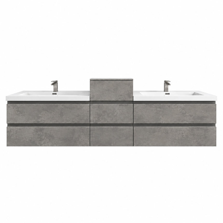 A modern floating double-sink bathroom vanity in light wood with white countertops and integrated mirrors, shown in a bright contemporary bathroom setting.
