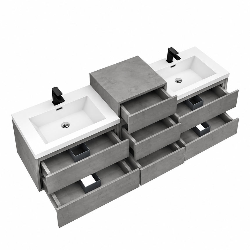 A modern floating double-sink bathroom vanity in light wood with white countertops and integrated mirrors, shown in a bright contemporary bathroom setting.