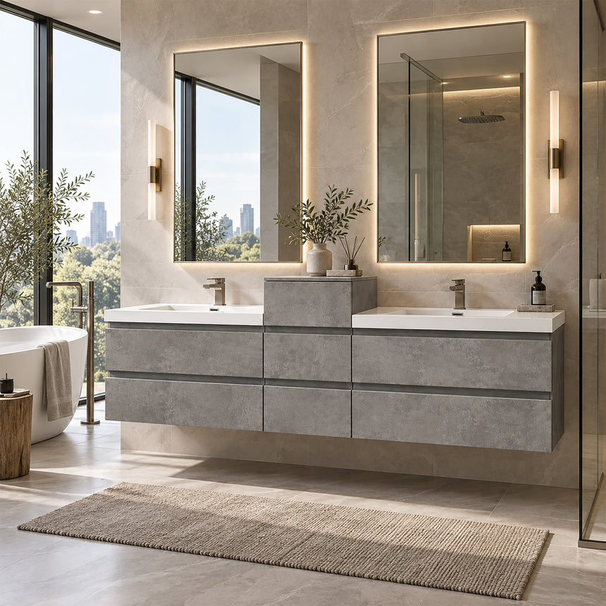 A modern floating double-sink bathroom vanity in light wood with white countertops and integrated mirrors, shown in a bright contemporary bathroom setting.