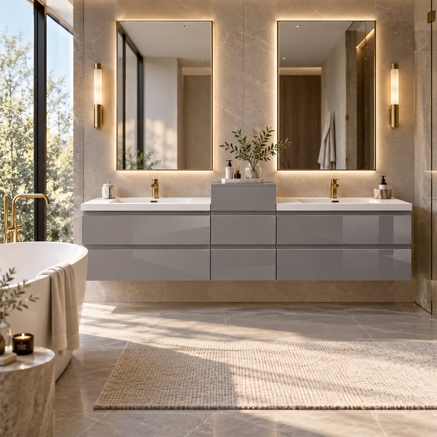 A modern floating double-sink bathroom vanity in light wood with white countertops and integrated mirrors, shown in a bright contemporary bathroom setting.