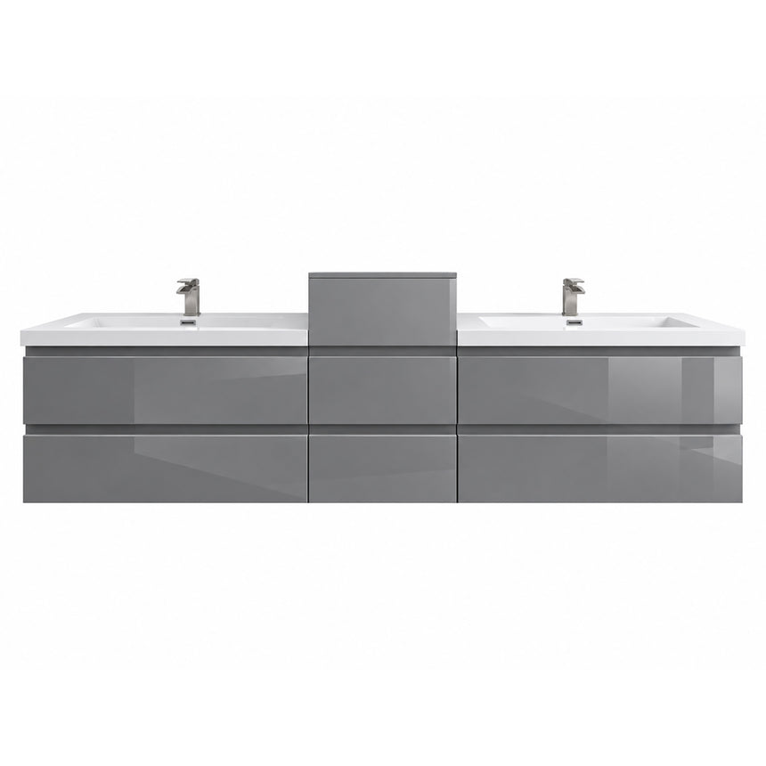A modern floating double-sink bathroom vanity in light wood with white countertops and integrated mirrors, shown in a bright contemporary bathroom setting.