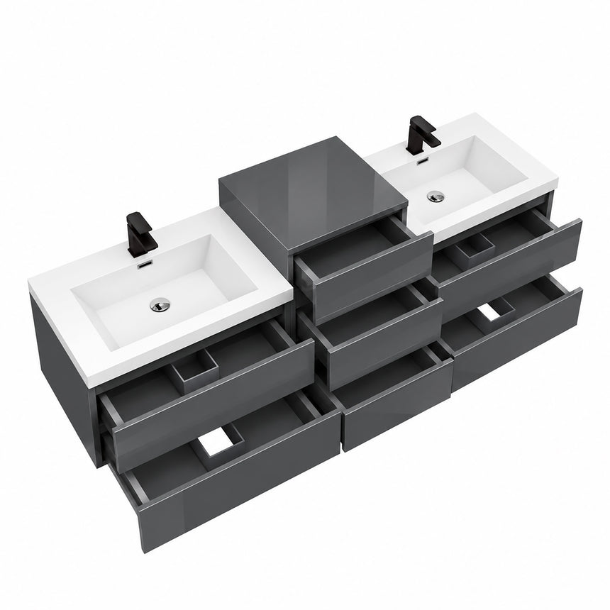 A modern floating double-sink bathroom vanity in light wood with white countertops and integrated mirrors, shown in a bright contemporary bathroom setting.