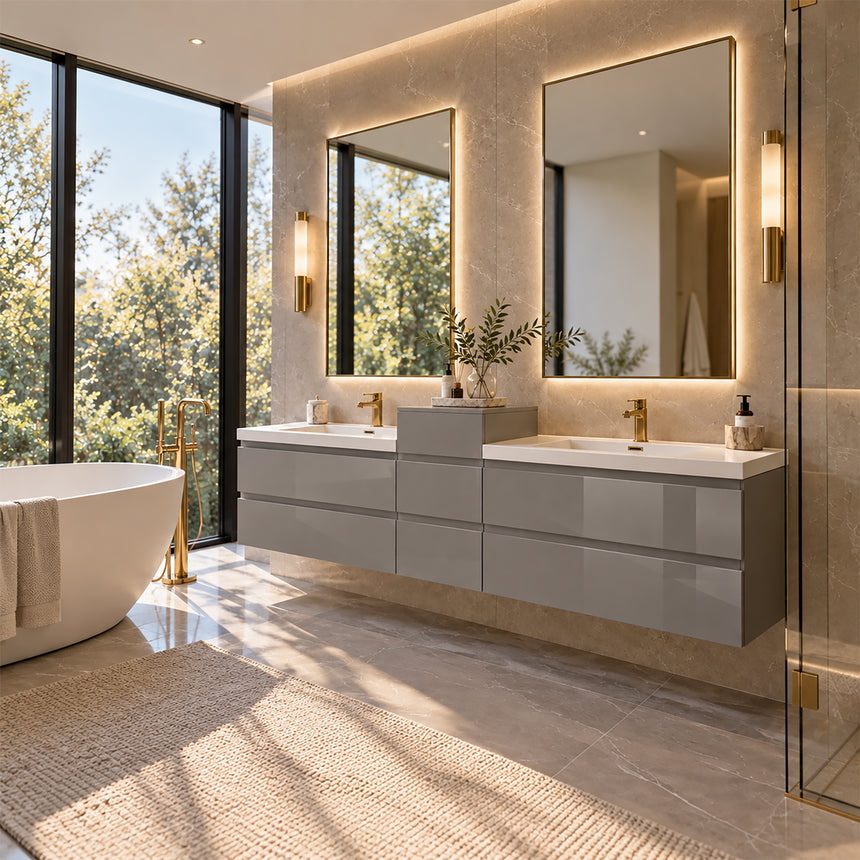 A modern floating double-sink bathroom vanity in light wood with white countertops and integrated mirrors, shown in a bright contemporary bathroom setting.