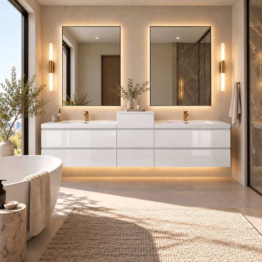 A modern floating double-sink bathroom vanity in light wood with white countertops and integrated mirrors, shown in a bright contemporary bathroom setting.