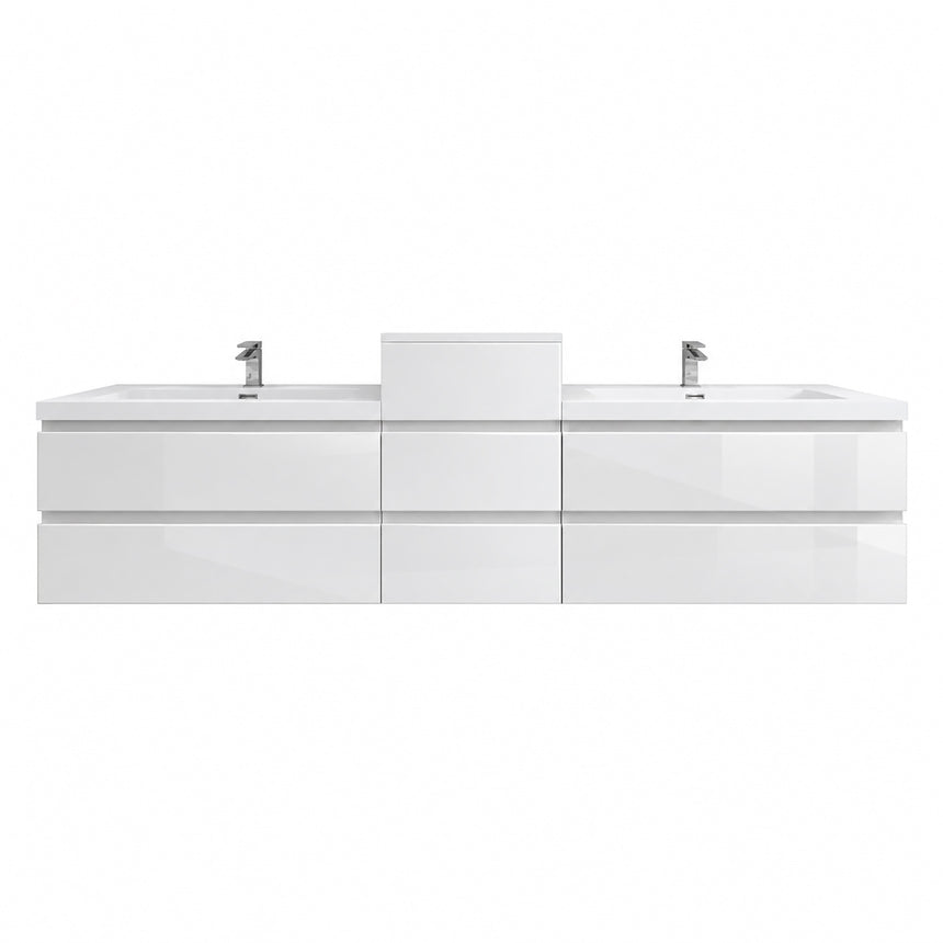 A modern floating double-sink bathroom vanity in light wood with white countertops and integrated mirrors, shown in a bright contemporary bathroom setting.