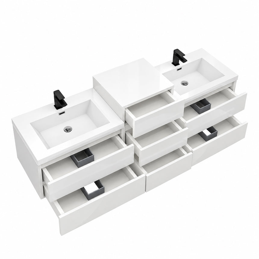 A modern floating double-sink bathroom vanity in light wood with white countertops and integrated mirrors, shown in a bright contemporary bathroom setting.