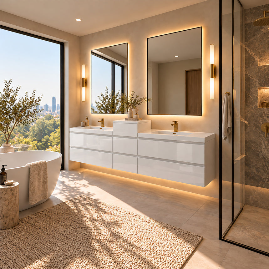 A modern floating double-sink bathroom vanity in light wood with white countertops and integrated mirrors, shown in a bright contemporary bathroom setting.