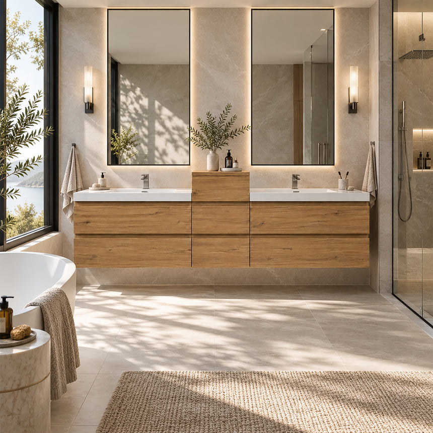 A modern floating double-sink bathroom vanity in light wood with white countertops and integrated mirrors, shown in a bright contemporary bathroom setting.