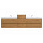 A modern double-sink bathroom vanity with a light oak wood grain finish and a white integrated countertop, shown against a plain white background.