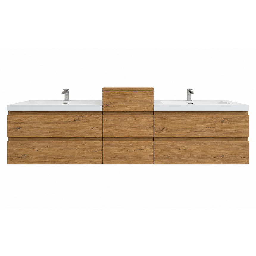 A modern floating double-sink bathroom vanity in light wood with white countertops and integrated mirrors, shown in a bright contemporary bathroom setting.