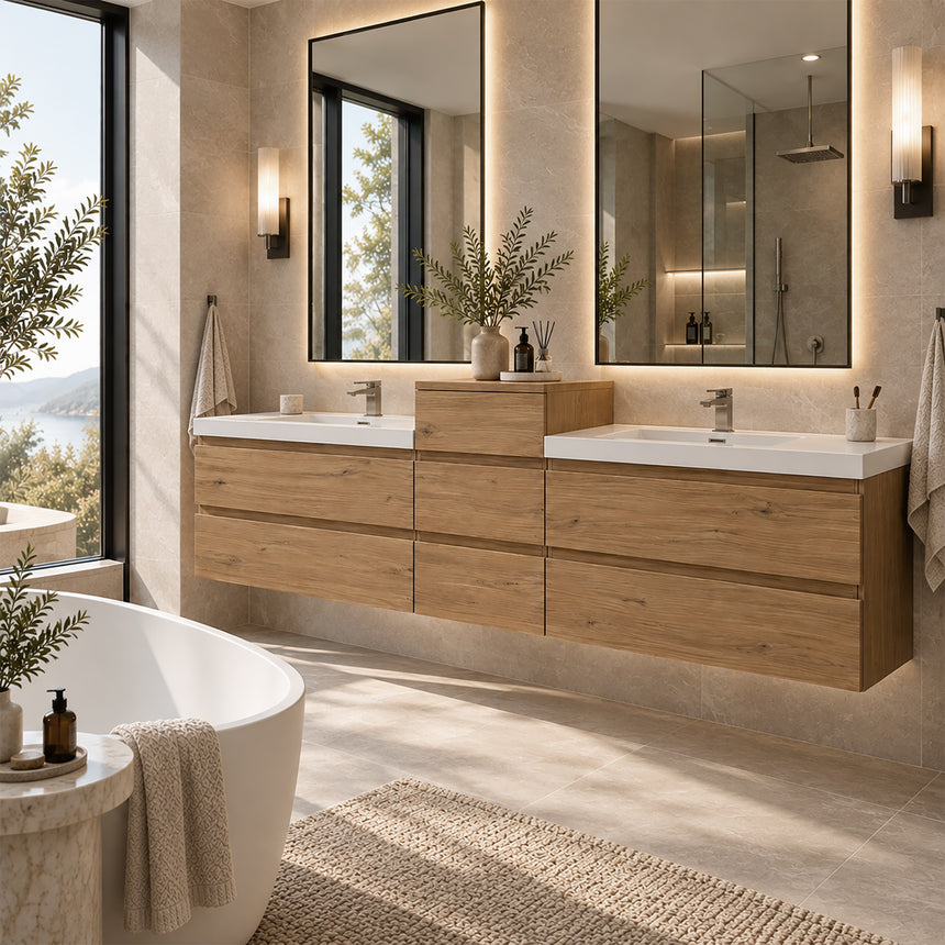 A modern floating double-sink bathroom vanity in light wood with white countertops and integrated mirrors, shown in a bright contemporary bathroom setting.