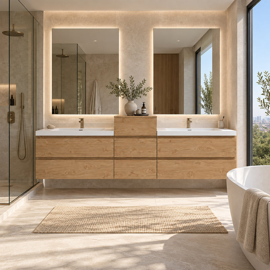 A modern floating double-sink bathroom vanity in light wood with white countertops and integrated mirrors, shown in a bright contemporary bathroom setting.