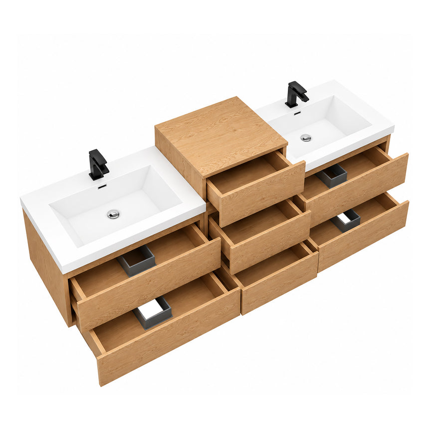 A modern floating double-sink bathroom vanity in light wood with white countertops and integrated mirrors, shown in a bright contemporary bathroom setting.