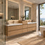 Modern floating double-sink bathroom vanity with light wood cabinets, white countertops, large backlit mirrors, and a glass shower enclosure in a bright contemporary bathroom.