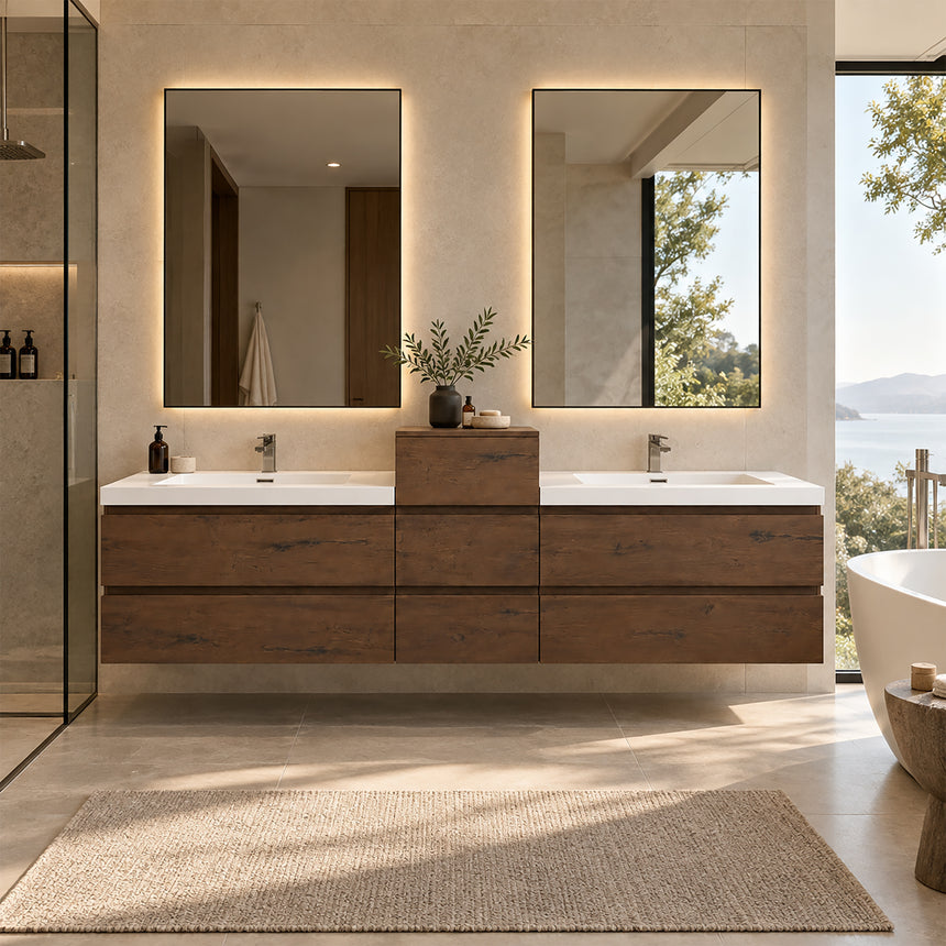 A modern floating double-sink bathroom vanity in light wood with white countertops and integrated mirrors, shown in a bright contemporary bathroom setting.