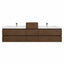 A modern double-sink bathroom vanity with a rich brown wood grain finish, featuring a central pedestal cabinet and two white integrated sinks with chrome faucets, shown against a plain white background.