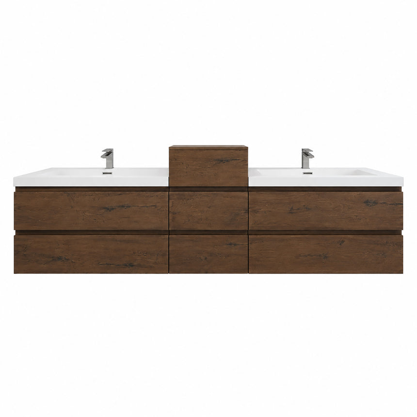 A modern floating double-sink bathroom vanity in light wood with white countertops and integrated mirrors, shown in a bright contemporary bathroom setting.