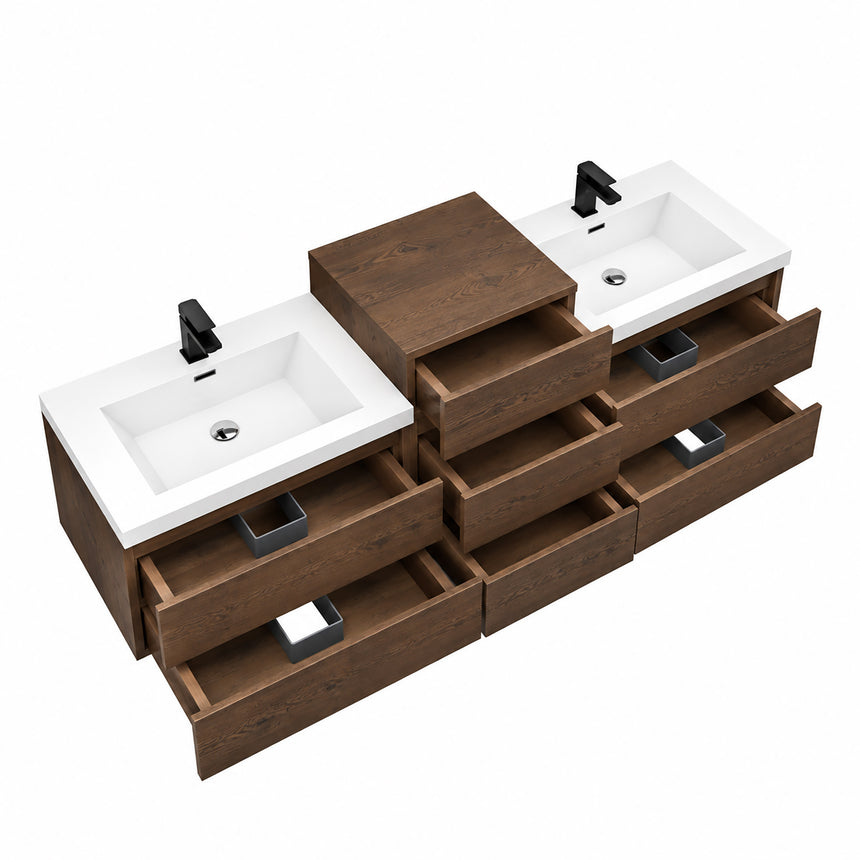 A modern floating double-sink bathroom vanity in light wood with white countertops and integrated mirrors, shown in a bright contemporary bathroom setting.