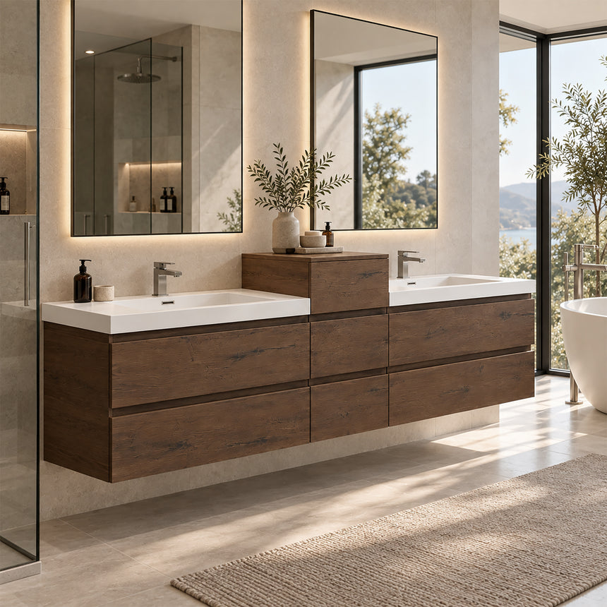 A modern floating double-sink bathroom vanity in light wood with white countertops and integrated mirrors, shown in a bright contemporary bathroom setting.