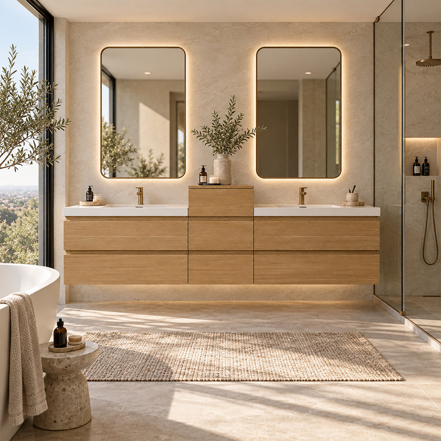 A modern floating double-sink bathroom vanity in light wood with white countertops and integrated mirrors, shown in a bright contemporary bathroom setting.