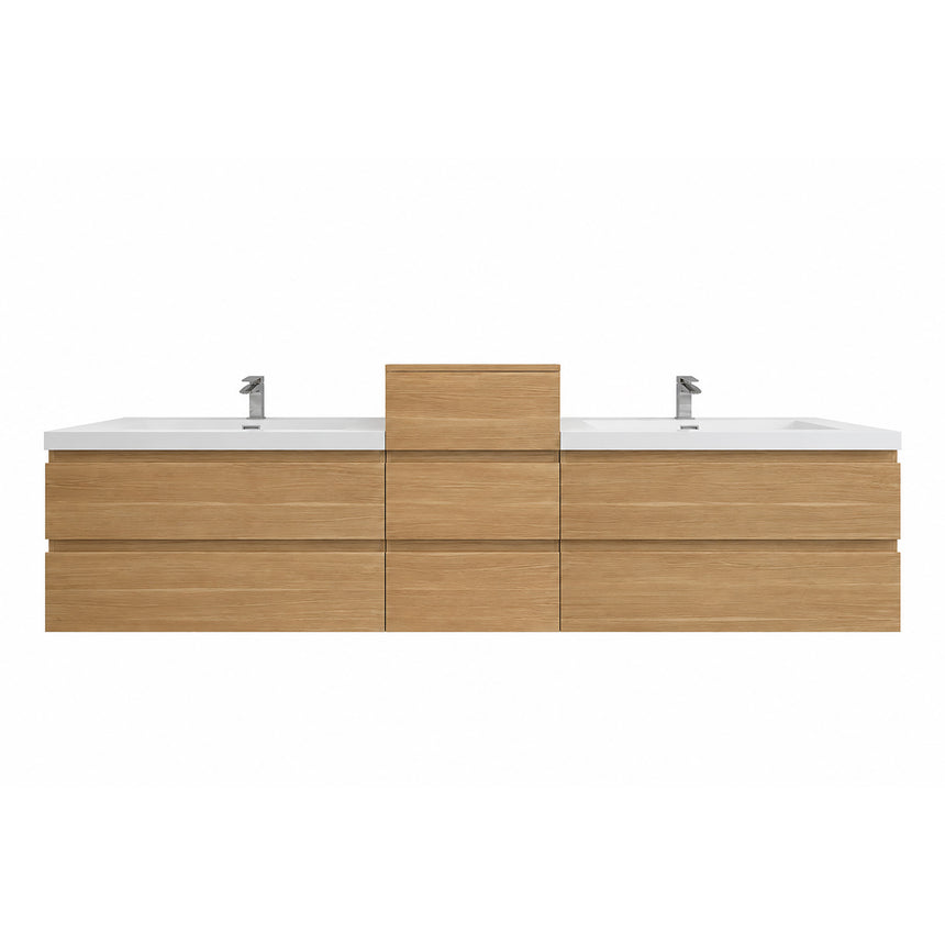 A modern floating double-sink bathroom vanity in light wood with white countertops and integrated mirrors, shown in a bright contemporary bathroom setting.