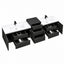 A modern double-sink bathroom vanity in black wood grain with white integrated sinks and black faucets, shown with several drawers open on a plain white background.