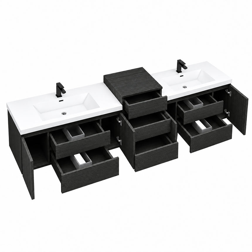 A modern floating double-sink bathroom vanity in light wood with white countertops and integrated mirrors, shown in a bright contemporary bathroom setting.