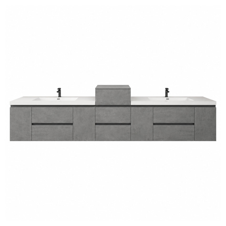 A modern floating double-sink bathroom vanity in light wood with white countertops and integrated mirrors, shown in a bright contemporary bathroom setting.