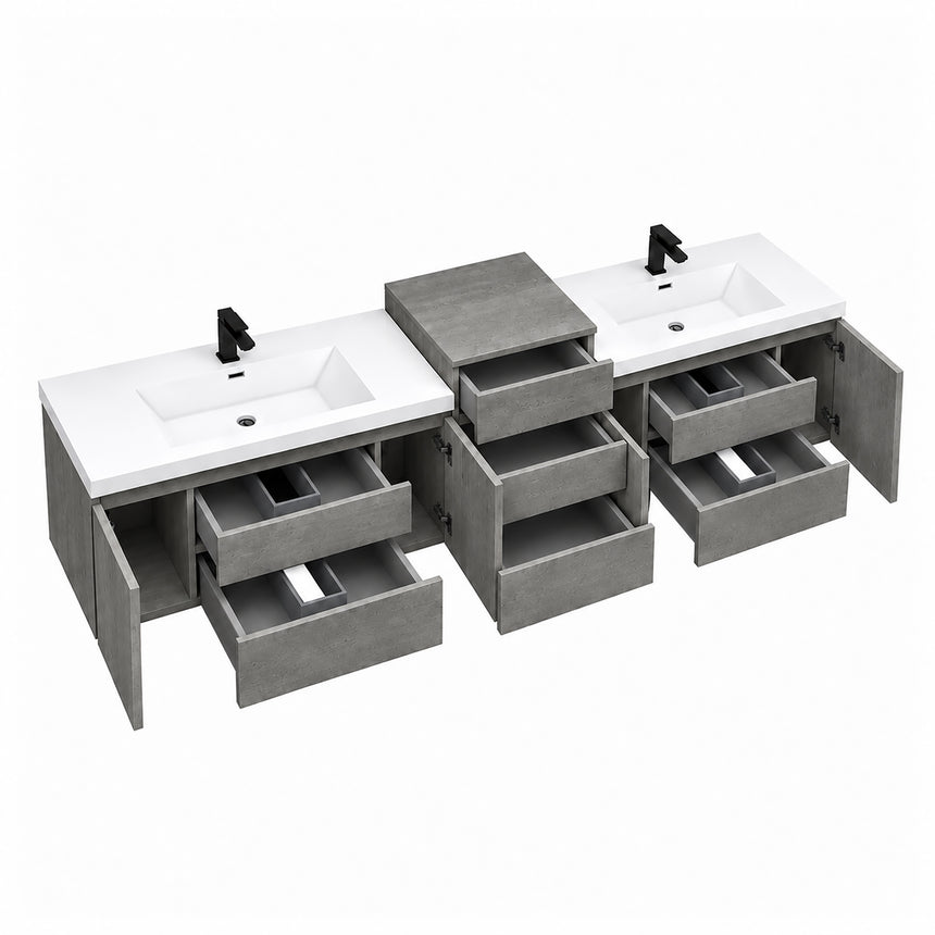 A modern floating double-sink bathroom vanity in light wood with white countertops and integrated mirrors, shown in a bright contemporary bathroom setting.
