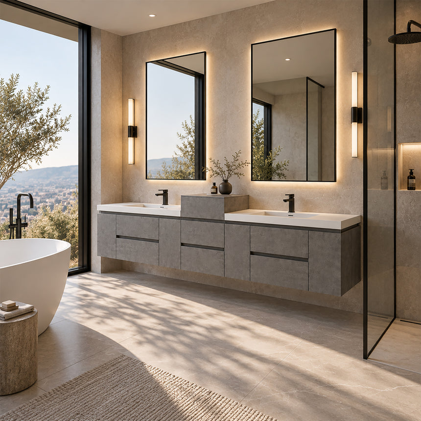 A modern floating double-sink bathroom vanity in light wood with white countertops and integrated mirrors, shown in a bright contemporary bathroom setting.