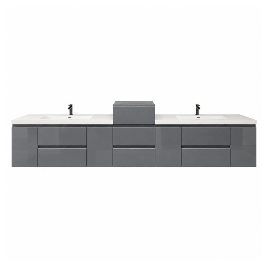 A modern floating double-sink bathroom vanity in light wood with white countertops and integrated mirrors, shown in a bright contemporary bathroom setting.