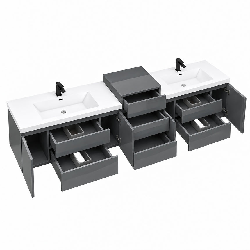 A modern floating double-sink bathroom vanity in light wood with white countertops and integrated mirrors, shown in a bright contemporary bathroom setting.